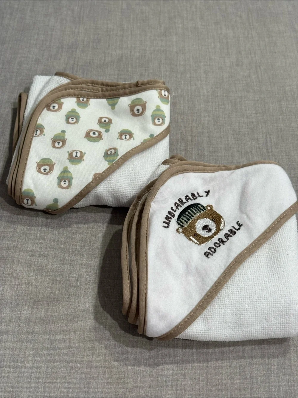 Baby Hooded Towels with Bear Design - White and Tan